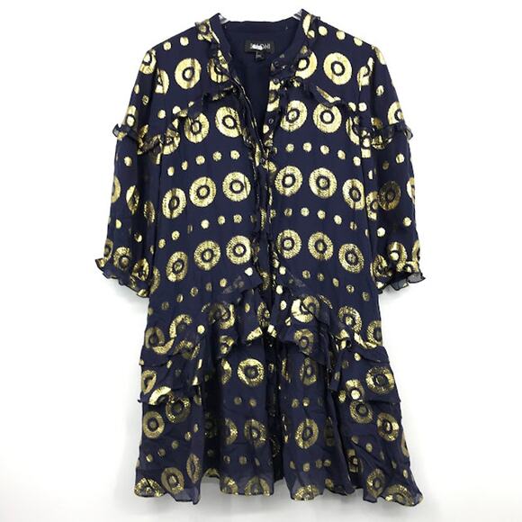 SALONI Tilly Ruffle Dress 8 Navy Gold Metallic Medallion Geometric 3/4 Sleeve